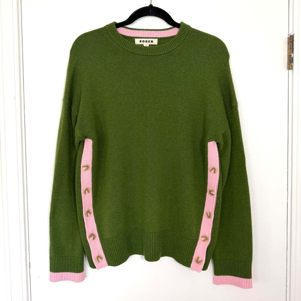 Boden Green Pink Zia Side Button Crew Neck Sweater Wool Cashmere Blend Medium